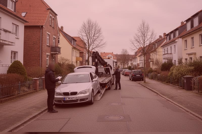 Detektiv überwacht mit Klemmbrett das Abschleppen eines silbernen Autos durch Abschleppdienst in Wohnstraße, Überwachungseinsatz.