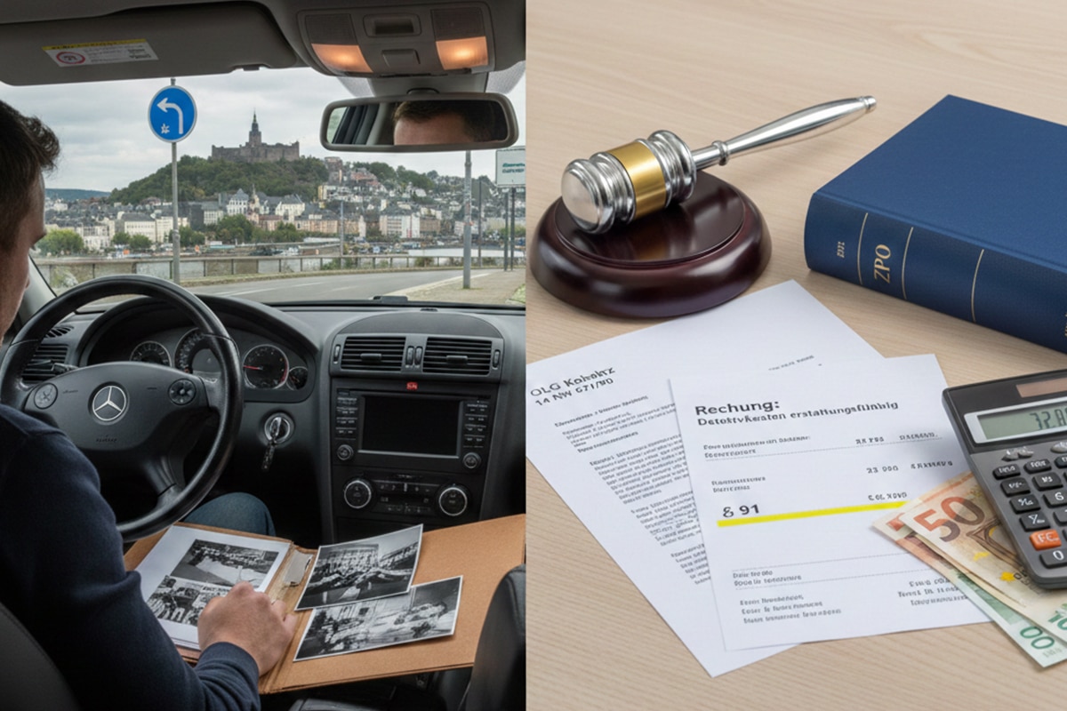 Splitbild: Detektiv im Auto mit Beweisfotos, Hintergrund Stadt & Burg; rechts Rechtsunterlagen, Geld, Kalkulator-Detektei-Bezug.