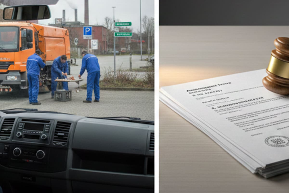 Geteiltes Bild: Ermittler in blauen Uniformen an orangefarbenem Dienstwagen, daneben Richterhammer auf Ermittlungsdokumenten.