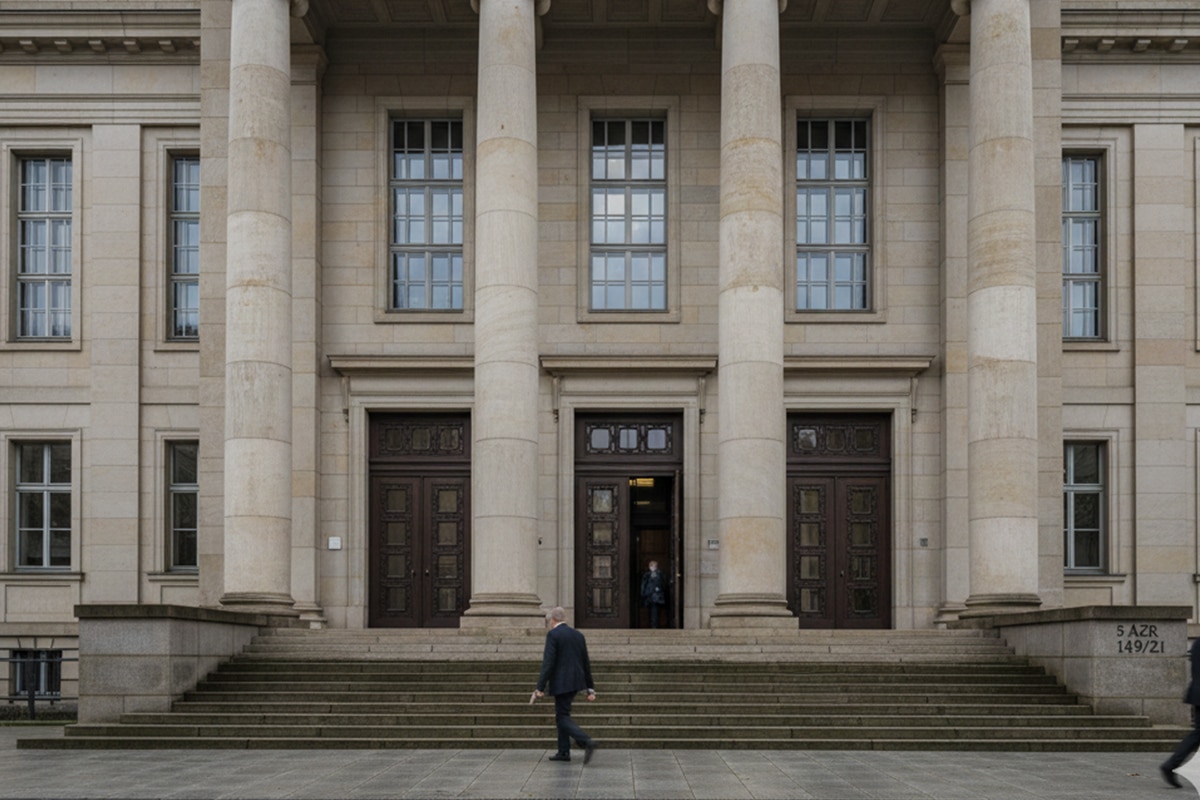 Detektiv im Anzug betritt vornehm ein Gebäude mit Säulen, großen Fenstern und Holztüren - Detektei Ermittler am Einsatzort.