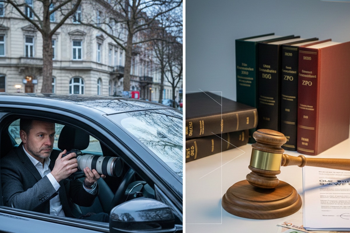Detektiv mit Kamera im Auto und Richterhammer mit Gesetzesbüchern - Detektei Beweissicherung und rechtliche Verfahren.