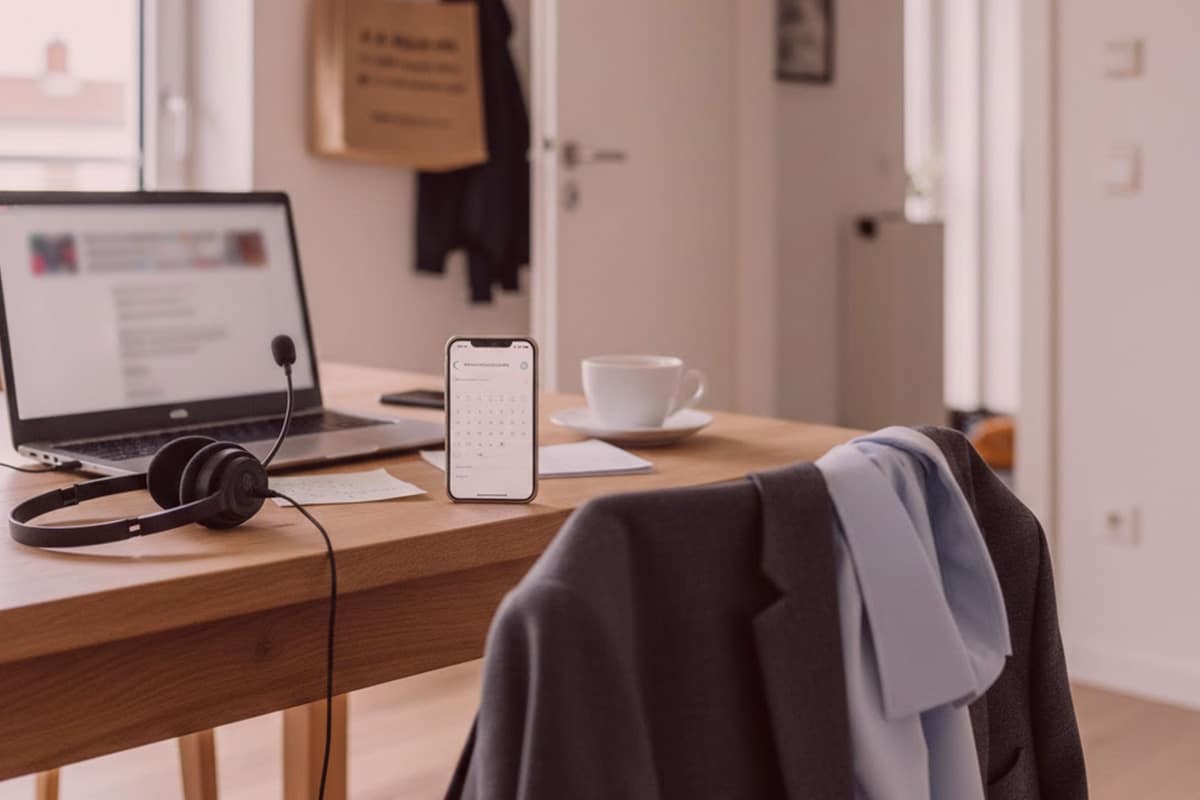 Modernes Detektei-Homeoffice: Laptop, Headset, Smartphone mit Kalender, Unterlagen und Jacke für professionelle Ermittler-Arbeit.
