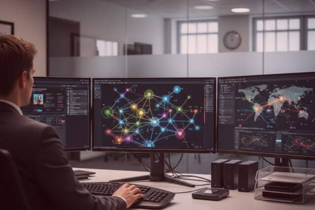 Detektiv im Anzug arbeitet im modernen Büro an drei Monitoren mit Netzwerk-Analysen, Datenvisualisierungen und Weltkarte.