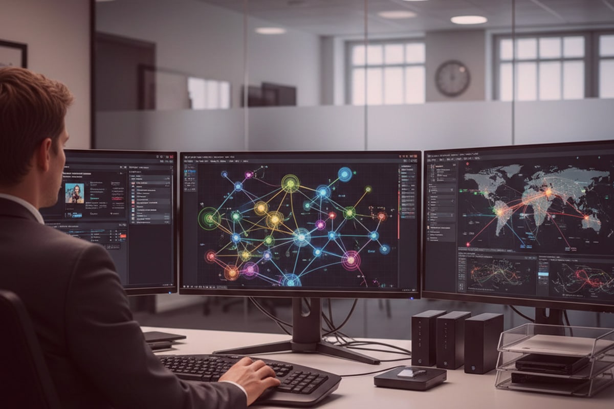 Detektiv im Anzug arbeitet im modernen Büro an drei Monitoren mit Netzwerk-Analysen, Datenvisualisierungen und Weltkarte.