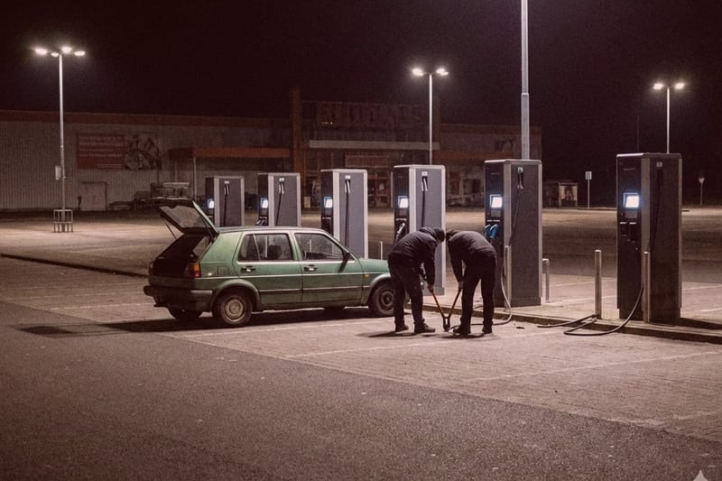 Privatdetektive inspizieren nachts ein altes grünes Auto in der Nähe von EV-Ladestationen auf einem verlassenen, schwach beleuchteten Parkplatz.