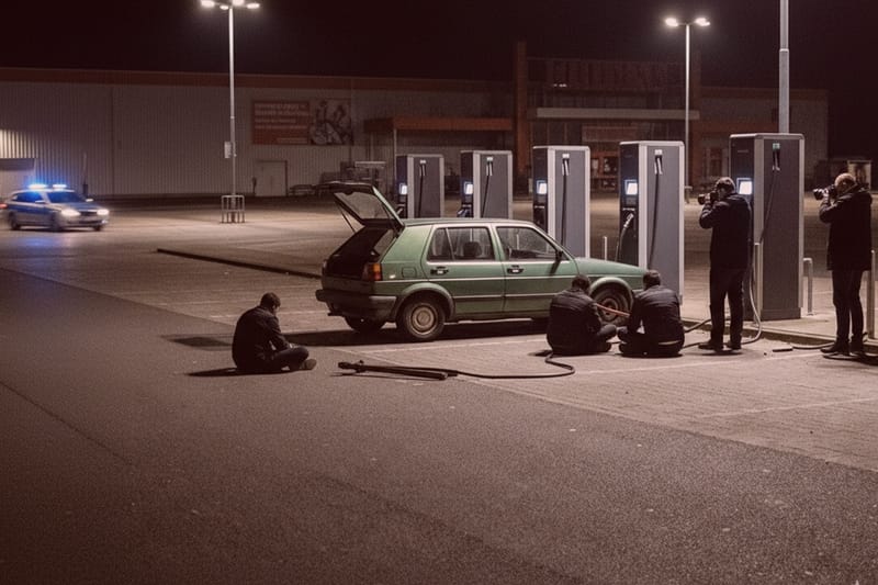 Detektive filmen mit Kameras ein grünes Auto an Ladestationen bei Nacht, geöffnetem Kofferraum und Polizei im Hintergrund. Kabeldiebe wurden gefasst