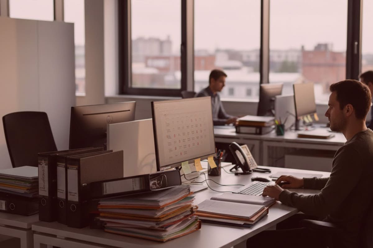 Detektive arbeiten konzentriert an Schreibtischen im modernen Büro mit Akten, Monitoren und Stadtblick - Detektei-Alltag.