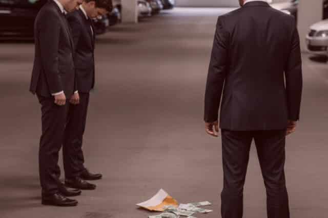 Detektive in Anzügen inspizieren Geld und einen Umschlag im Parkhaus - Ermittlungen, Beweisaufnahme, Detektei-Szene, geheimnisvoll.