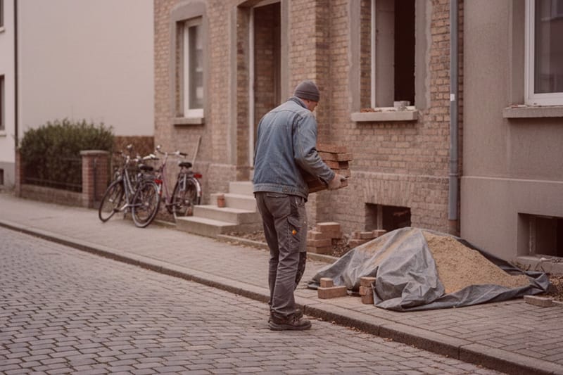 Detektiv undercover: Mann in Jeansjacke und Mütze trägt Baumaterialien, beobachtet Bauarbeiten auf ruhiger Kopfsteinpflasterstraße.