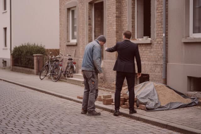 Detektiv im Anzug untersucht mit einem Mitarbeiter Bauarbeiten vor Backsteingebäude; Fahrräder parken in der Nähe.