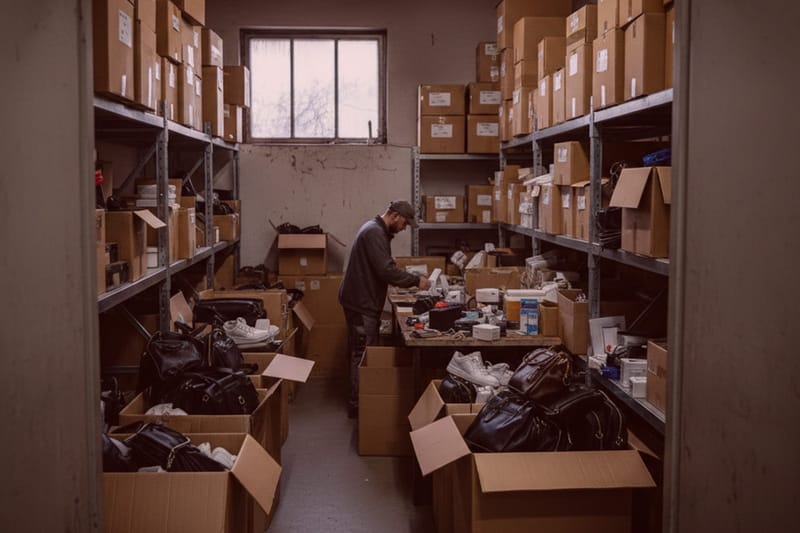 Detektiv sortiert oder verpackt Beweismaterial in überfülltem Lagerraum mit Kartons und Regalen, zentraler Tisch, kleines Fenster.