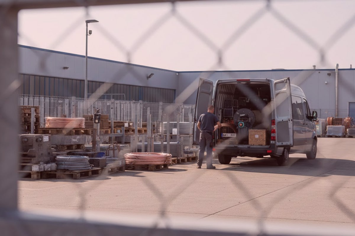 Detektiv lädt Ausrüstung aus Lieferwagen in einem Industriehof mit Metallpaletten, gesehen durch Maschendrahtzaun.