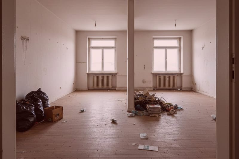 Verlassener Raum mit schwachem Licht, zwei Fenstern, abblätternden Wänden - möglicher Tatort für die Ermittler; Schutt, Kisten, Müll auf dem Holzboden.