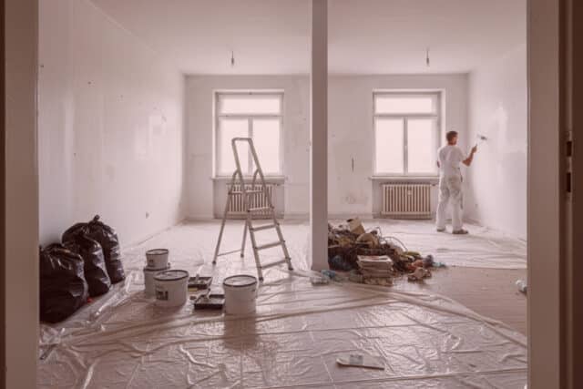 Detektiv in weißer Arbeitskleidung malt Wand in leerem Raum; Malerzubehör auf Boden, Sonnenlicht durch Fenster.