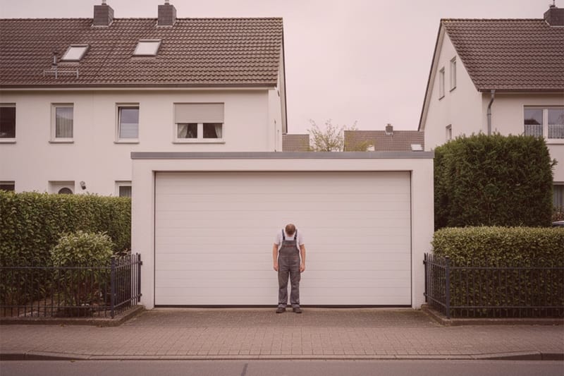 Detektiv in Arbeitskleidung ermittelt wegen ungenehmigter Nebentätigkeit vor geschlossener Garage in ruhiger Wohnsiedlung.