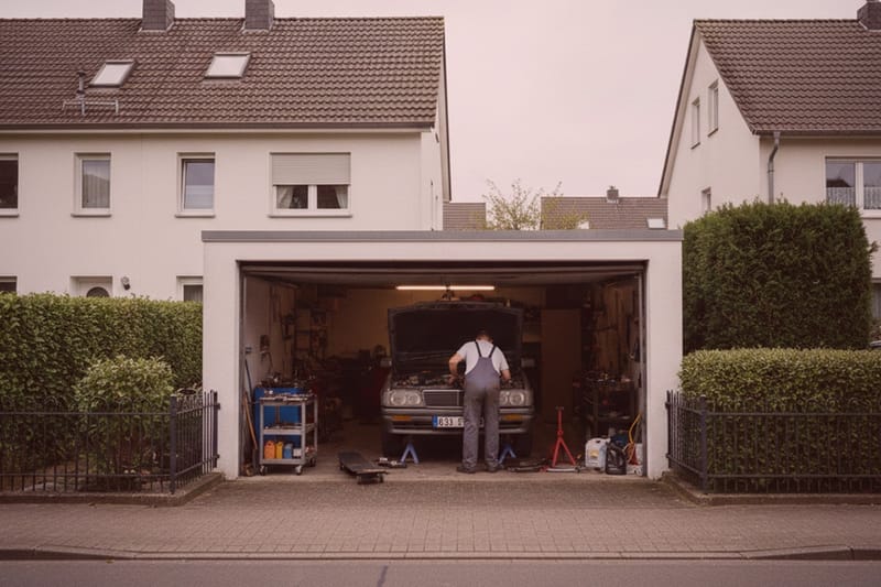 Detektiv observiert Verdacht auf ungenehmigte Nebentätigkeit: Person arbeitet am Auto in Garage, Beweise und Werkzeug sichtbar.