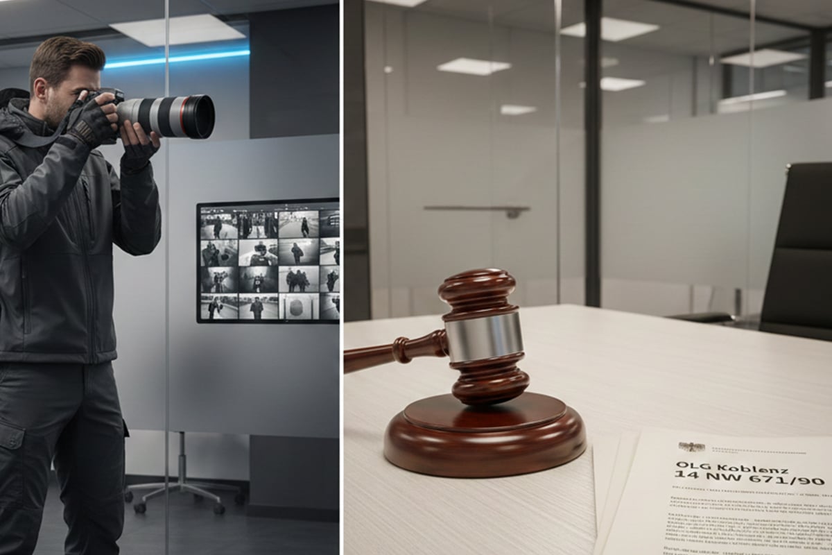 Detektiv fotografiert Überwachungsmonitor; daneben Richterhammer und Rechtsdokument - Symbol für Detektei, Observation, Recht.