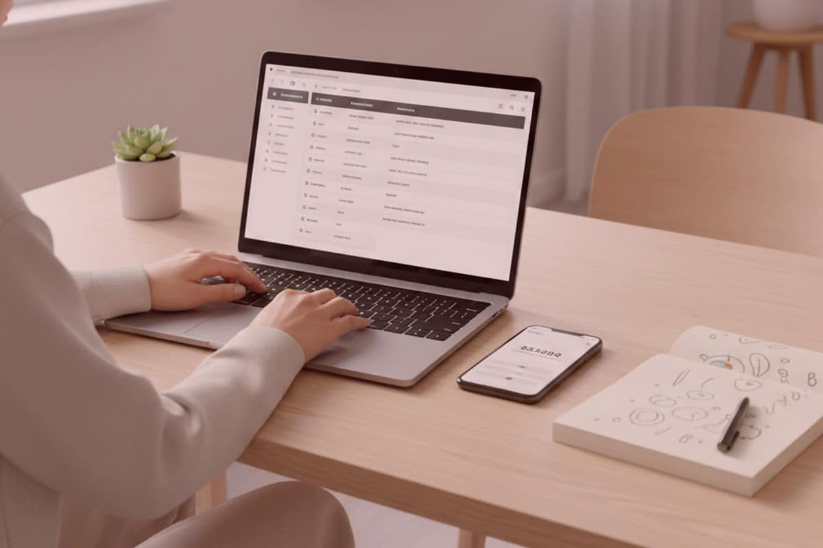 Detektiv arbeitet an Laptop am Holzschreibtisch, Smartphone, Notizbuch und Pflanze; E-Mail-Postfach geöffnet, helle Atmosphäre.