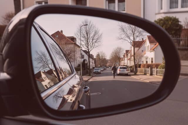 Privatdetektiv beobachtet verdächtige Person auf Wohnstraße mit parkenden Autos im Seitenspiegel - Detektei-Einsatz, Observation.