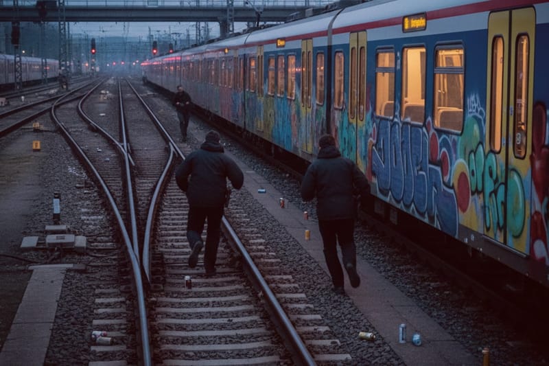 Drei Ermittler in dunkler Kleidung verfolgen Verdächtige auf Bahngleisen bei einer beschmierten Bahn im Abendlicht.