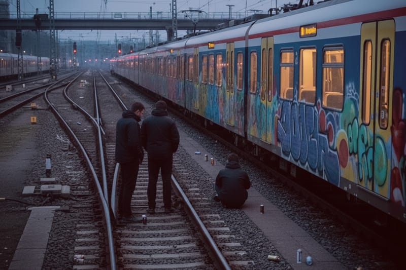Detektive bei Ermittlungen am Bahnhof: Vier Personen auf Gleisen neben Graffiti-Zug bei Dämmerung, Dosen am Boden, Stromleitungen.