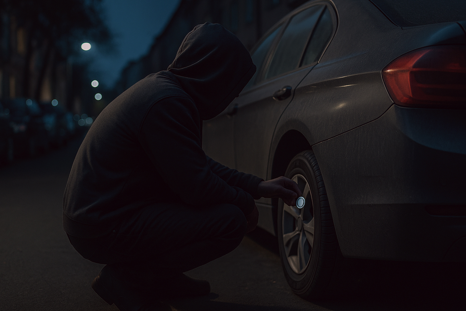 Ein leicht verschwommenes Nachtbild in einem städtischen Wohngebiet. Eine zwielichtige Gestalt in dunkler Kapuzenjacke hockt sich an das Heck eines geparkten Autos. Die Person ist seitlich von hinten zu sehen und montiert unauffällig einen kleinen Tracker (AirTag-ähnlich) am inneren Radkasten oder Kotflügel. Das Fahrzeug ist leicht verstaubt, das Nummernschild unscharf.