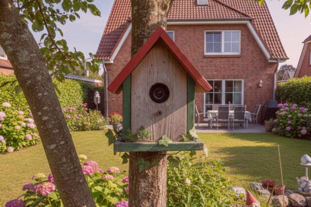 Diskrete Videoüberwachung: Vogelhaus mit rotem Dach im Garten, Überwachung eines Backsteinhauses und der Terrasse durch Detektei.