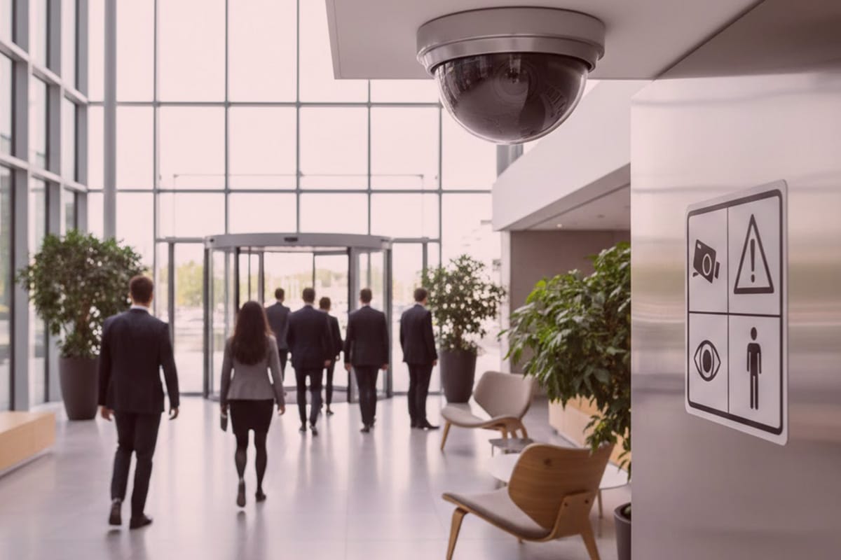 Detektive in Businesskleidung beobachten Personen im modernen Büro, mit Überwachungskamera und Hinweisschild auf Sicherheitsmaßnahmen.