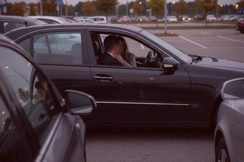 Detektei beobachtet vermeintliches Liebespaar beim Fremdgehen im Auto auf Parkplatz - diskrete Observation, Untreue-Ermittlung.
